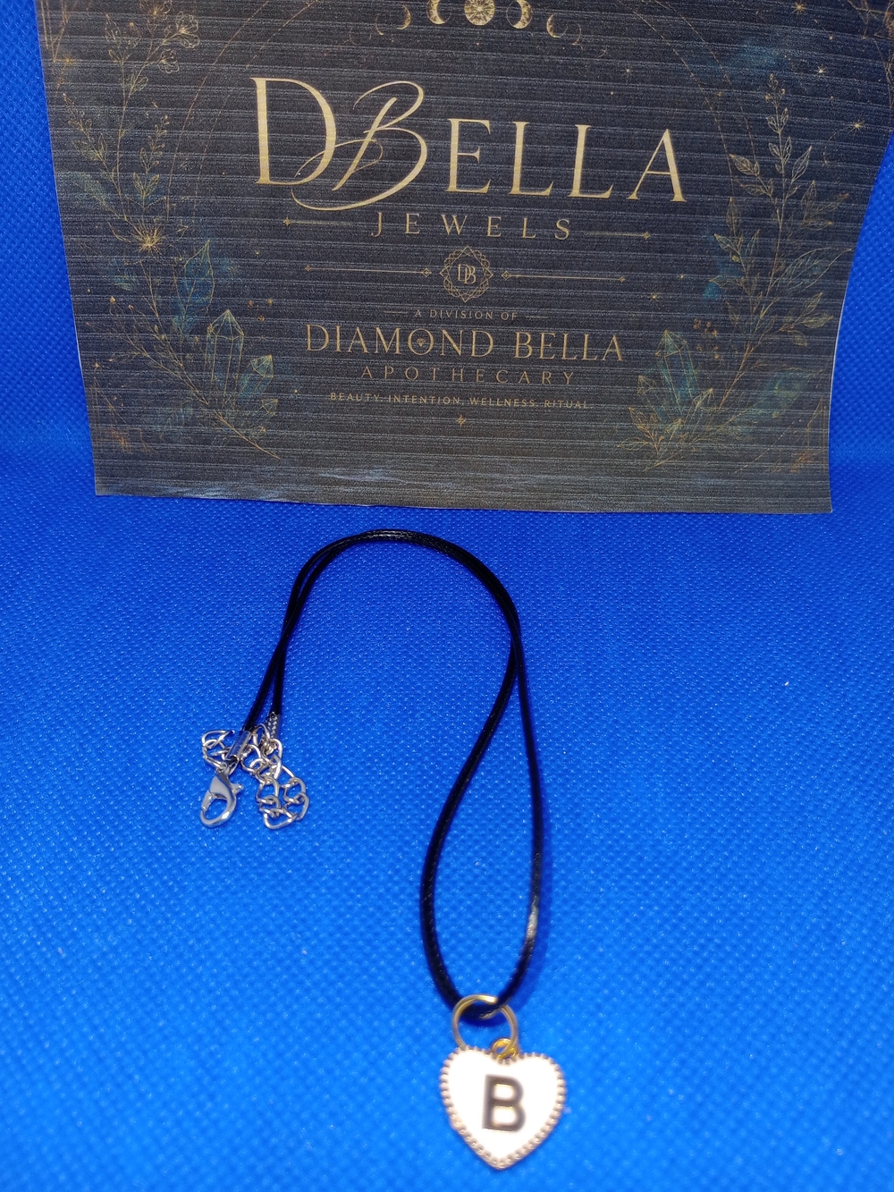 Black Cord Necklace with Gold Heart 'B' Pendant
